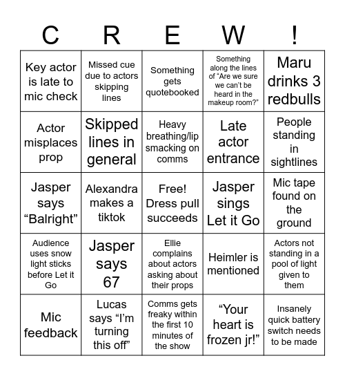 Crew Bingo Card