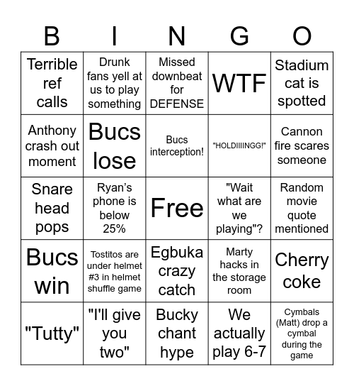 Bucs vs Panthers 1/3/26 Bingo Card