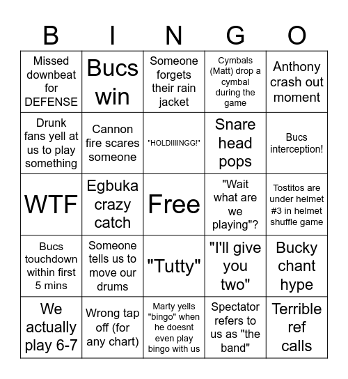 Bucs vs Saints 12/7/25 Bingo Card