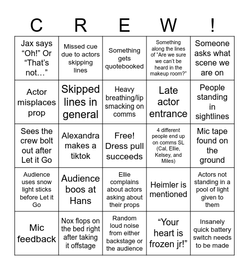 Crew Bingo Card
