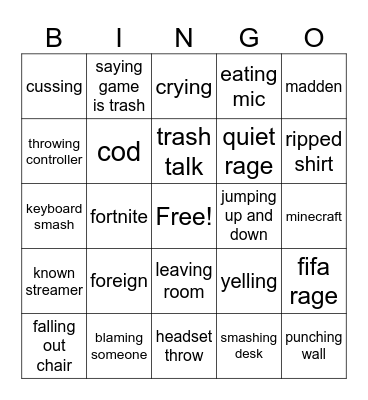 gamer rage Bingo Card