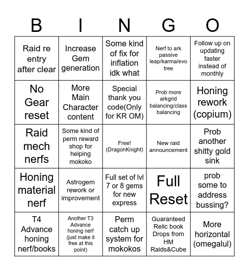 Winter LOA ON Bingo Card