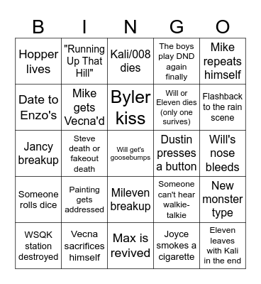 Stranger Things 5 Bingo Card