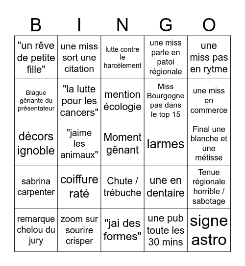 Miss France Bingo Card