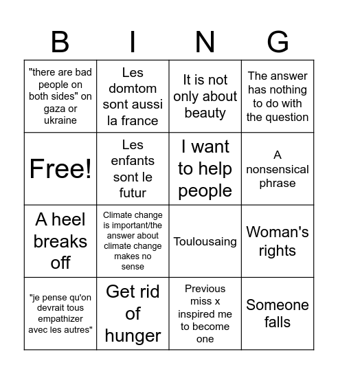 Miss universe Bingo Card