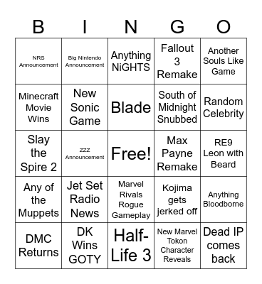 Game Awards 2025 Bingo Card