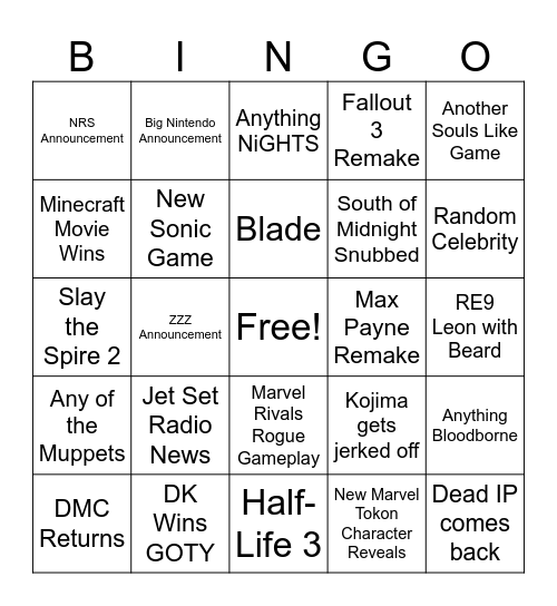 Game Awards 2025 Bingo Card
