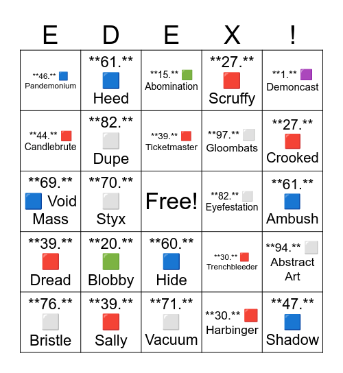 EntityDex Bingo! Bingo Card