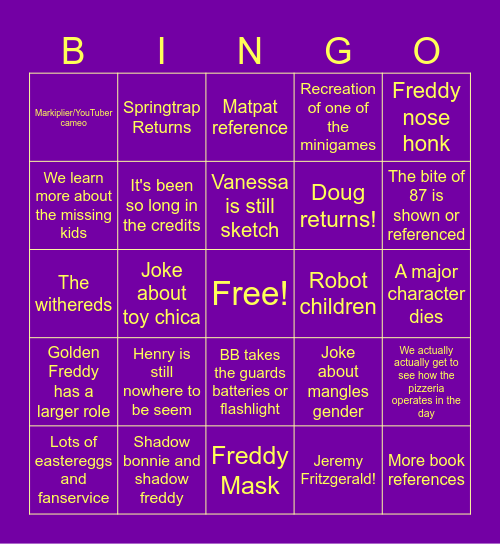 Fnaf 2 movie Bingo Card