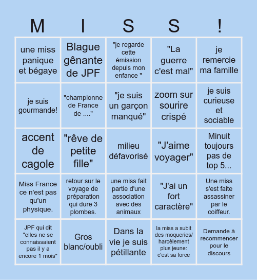 Miss France 2025 Bingo Card