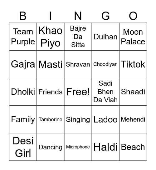 Tanisha’s Dholki Bingo Card