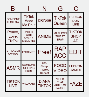 TikTok Bingo! Bingo Card