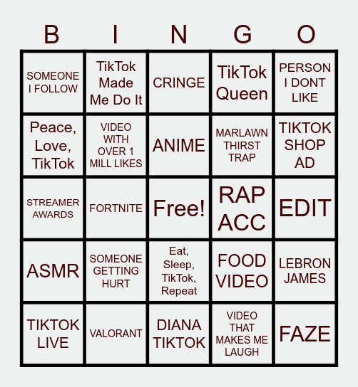 TikTok Bingo! Bingo Card