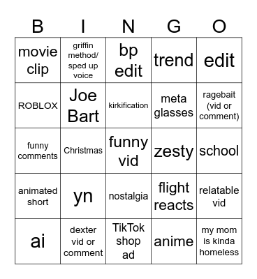 TikTok bingo Card