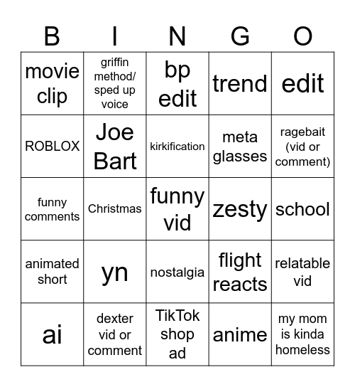 TikTok bingo Card