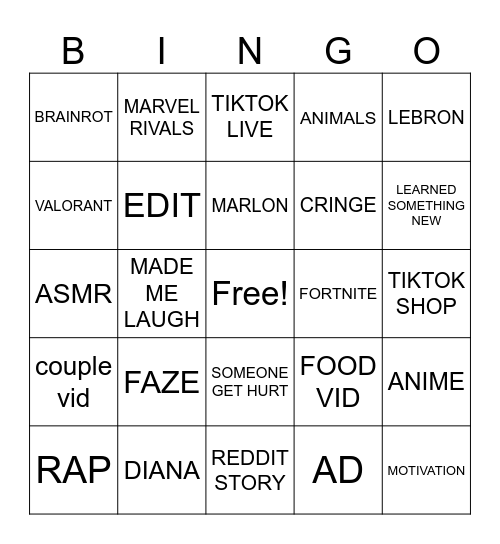TIKTOK Bingo Card