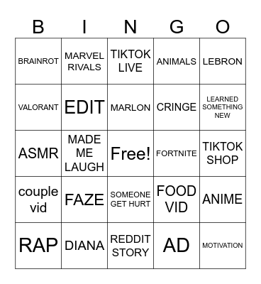 TIKTOK Bingo Card