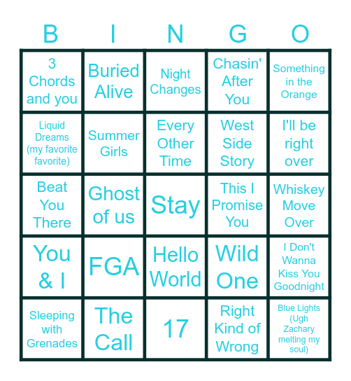 Bri's Favorite Songs Bingo Card