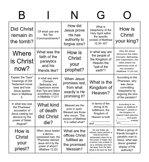 12/07/2025 Review and Catechism Bingo Card