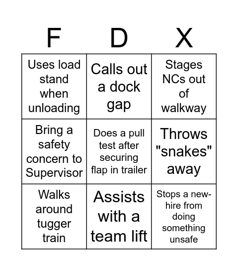 FedEx Safety BINGO Unload Bingo Card