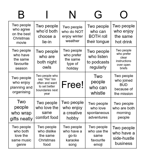 BUD Human Bingo Card