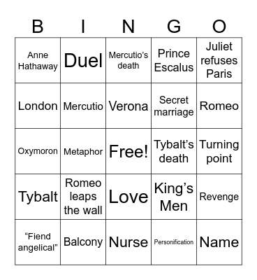 Romeo and Juliet Bingo Card