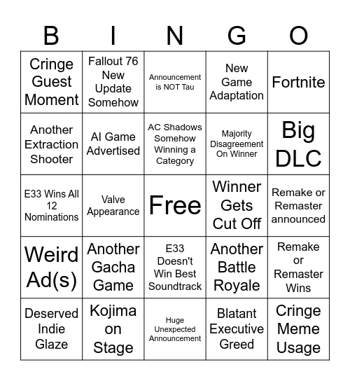TGA Bingo 2025 Bingo Card
