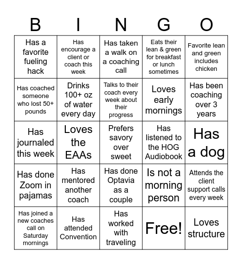 Optavia Bingo - Coaching Edition Bingo Card
