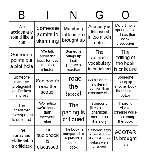 Book Club Bingo Card