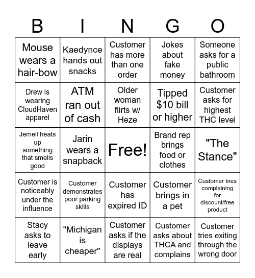 Budtender Bingo Card