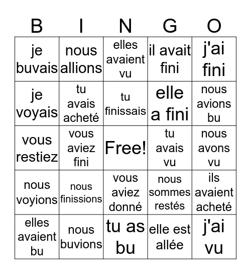Verbes au passé Bingo Card