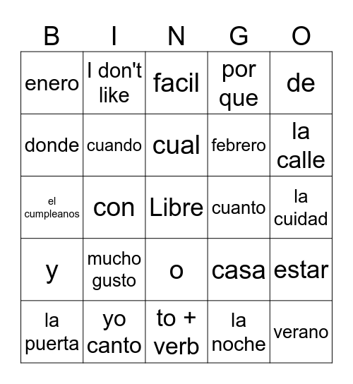 Spanish Bingo Card