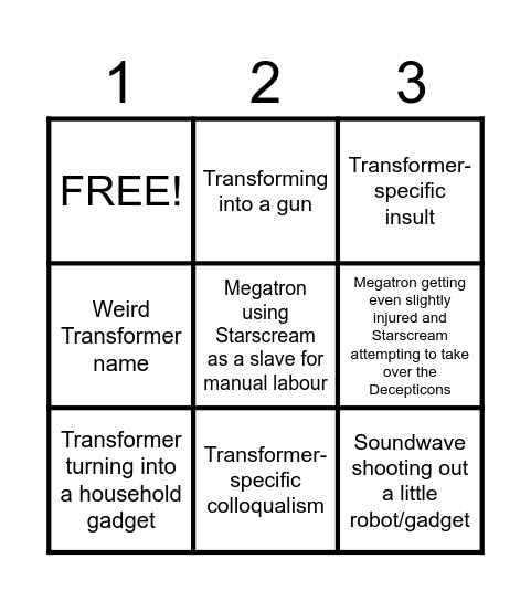 Transformers Cartoon Bingo Card