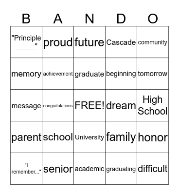 Graduation BANDO Bingo Card