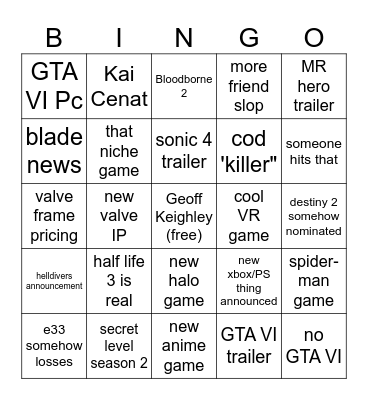 TGA Bingo Card