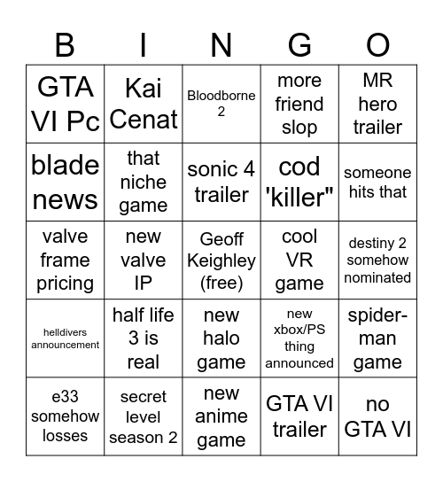 TGA Bingo Card