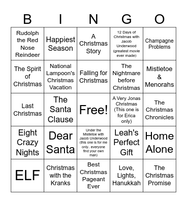 Christmas Movies Bingo Card