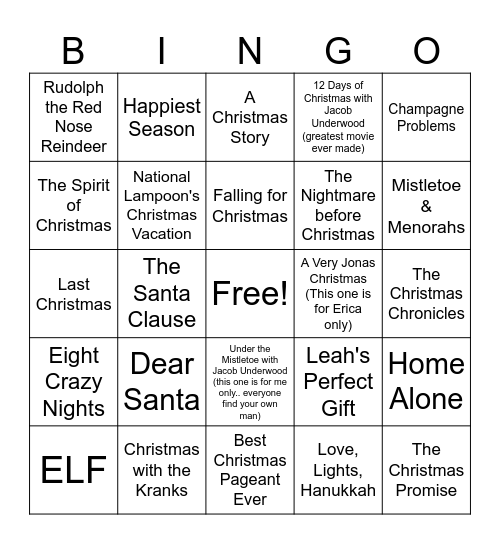 Christmas Movies Bingo Card
