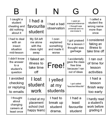 Practicum Bingo Card