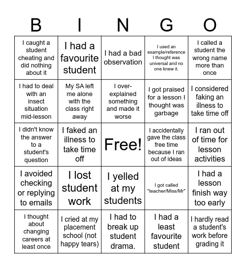 Practicum Bingo Card