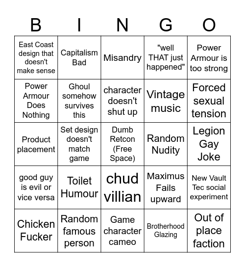 Fallout Show Bingo Card