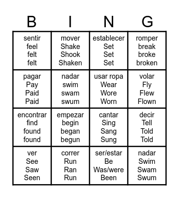 Irregular Verbs Bingo Card