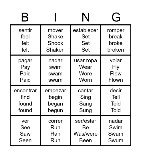 Irregular Verbs Bingo Card