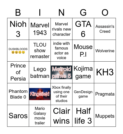 Game Awards 2025 Bingo Card