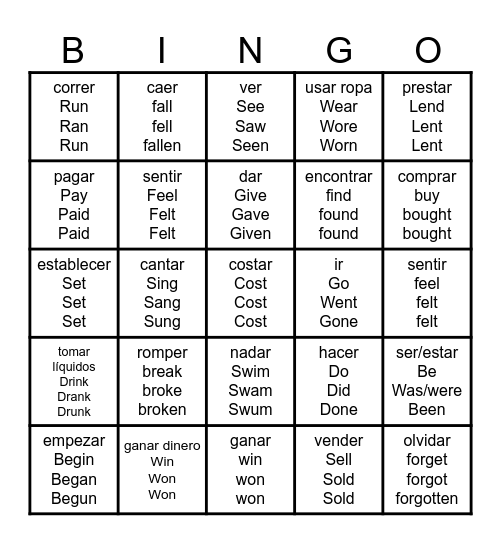 Irregular Verbs Bingo Card