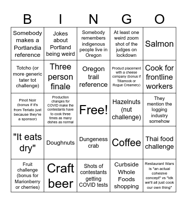 Top Chef Portland Bingo Card