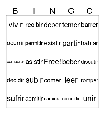IR Verbs Bingo Card