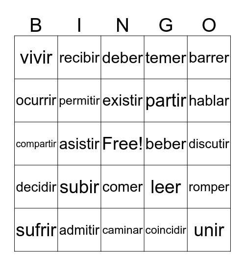 IR Verbs Bingo Card