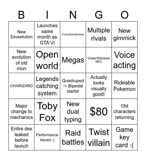 Gen 10 Bingo Card