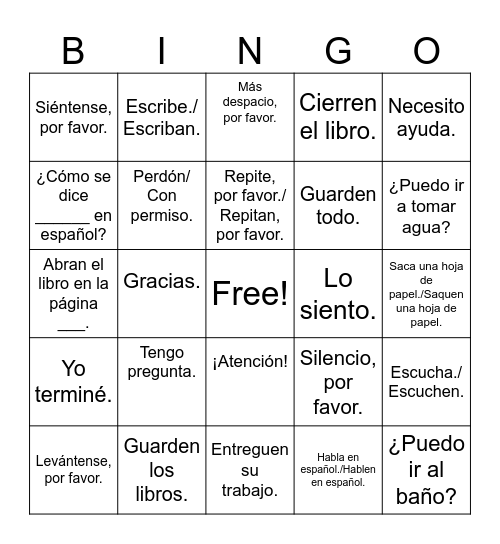 Classroom Expressions Bingo Card